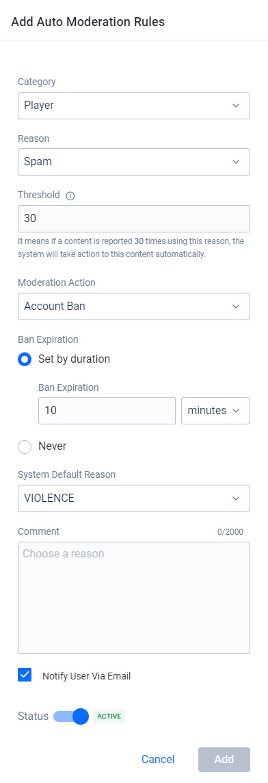 Image shows the auto moderation form