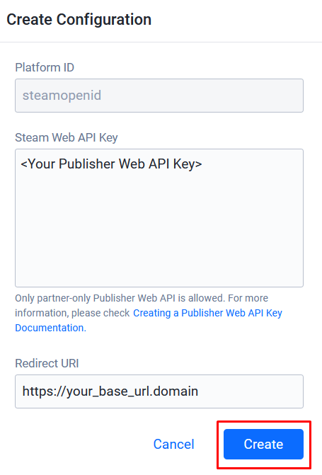 AGS Admin Portal fill in Steam web API key