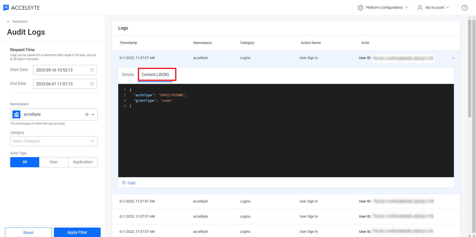 Log JSON detail