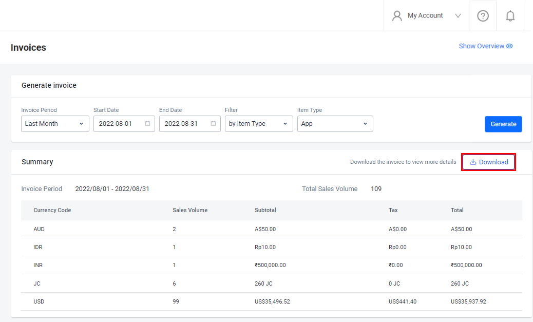 Download generated invoices