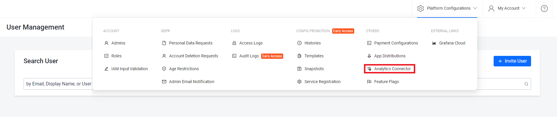 Image shows navigating to the Analytics Connector page