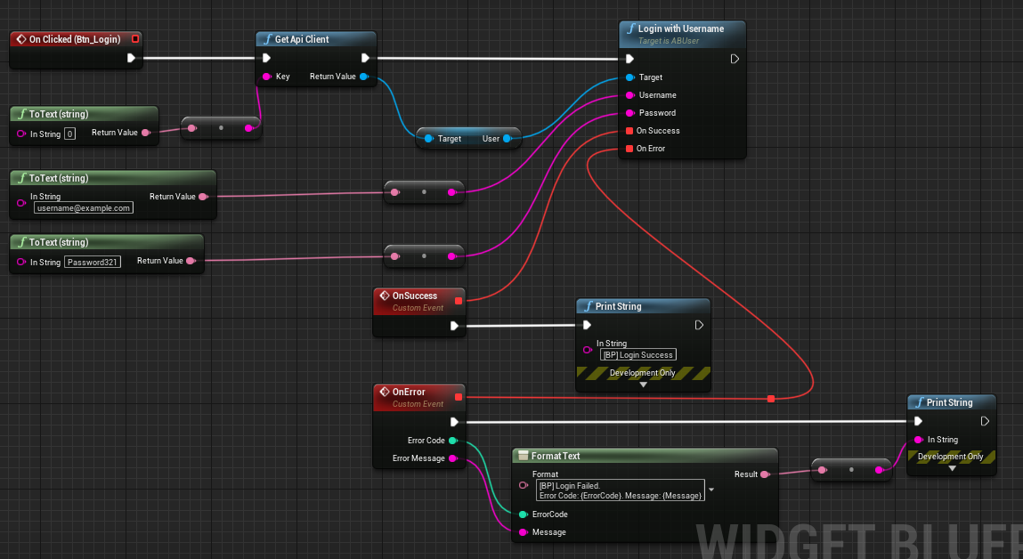 Unreal Blueprint showing flow to use an API to call Login with Username