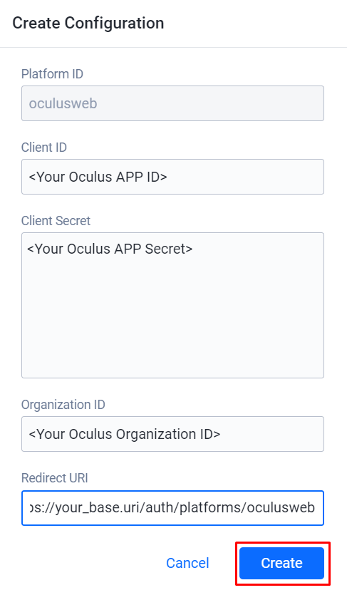 Image shows the Create Configuration form