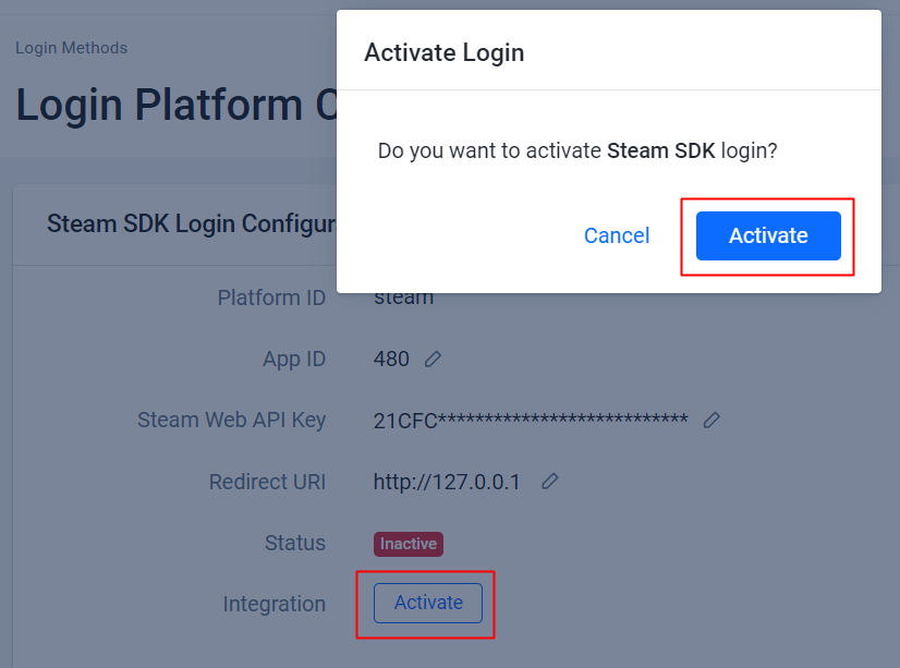 AGS Admin Portal Steam SDK login activate