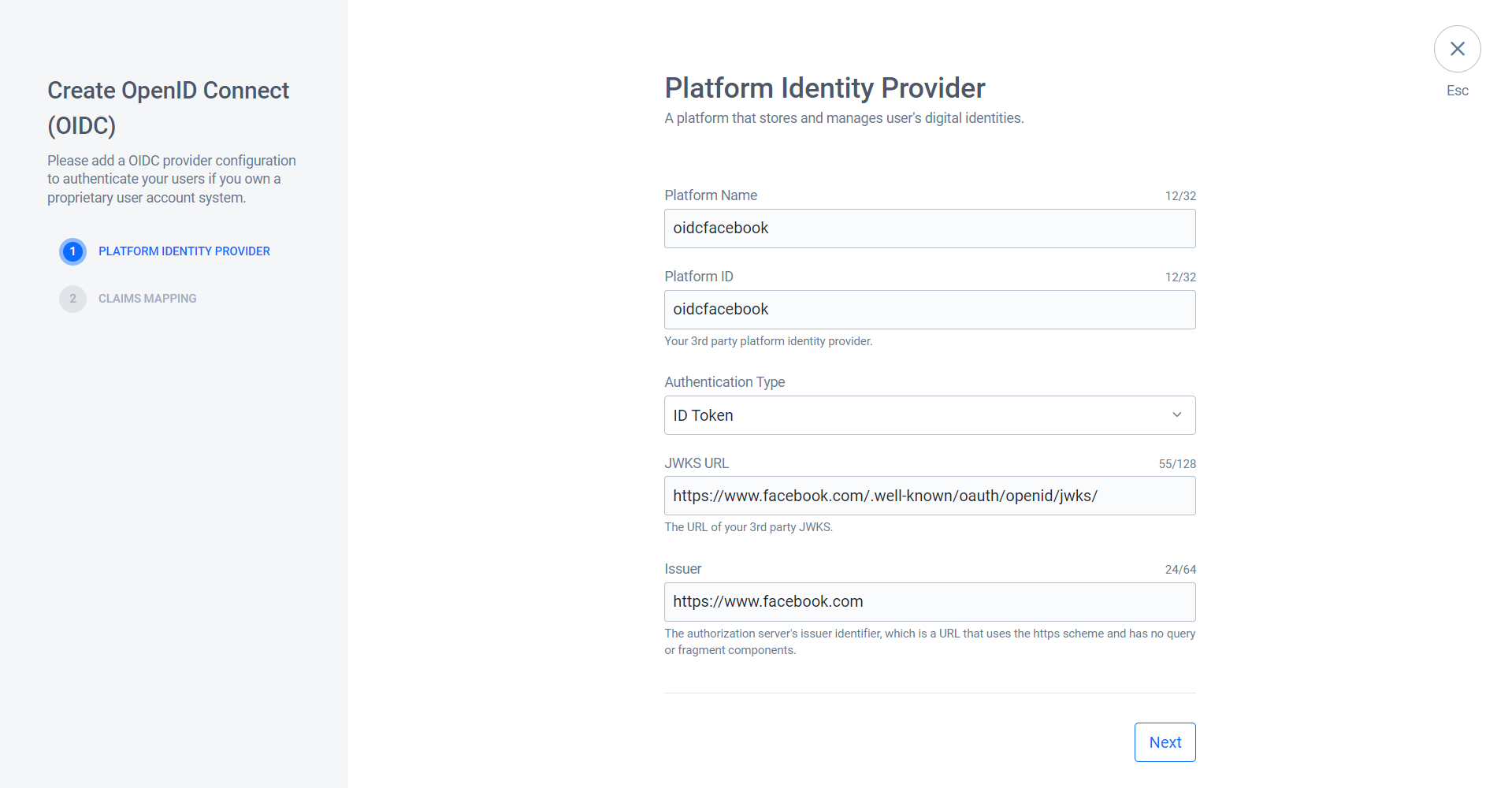 Image shows the Create Open ID (OIDC) form
