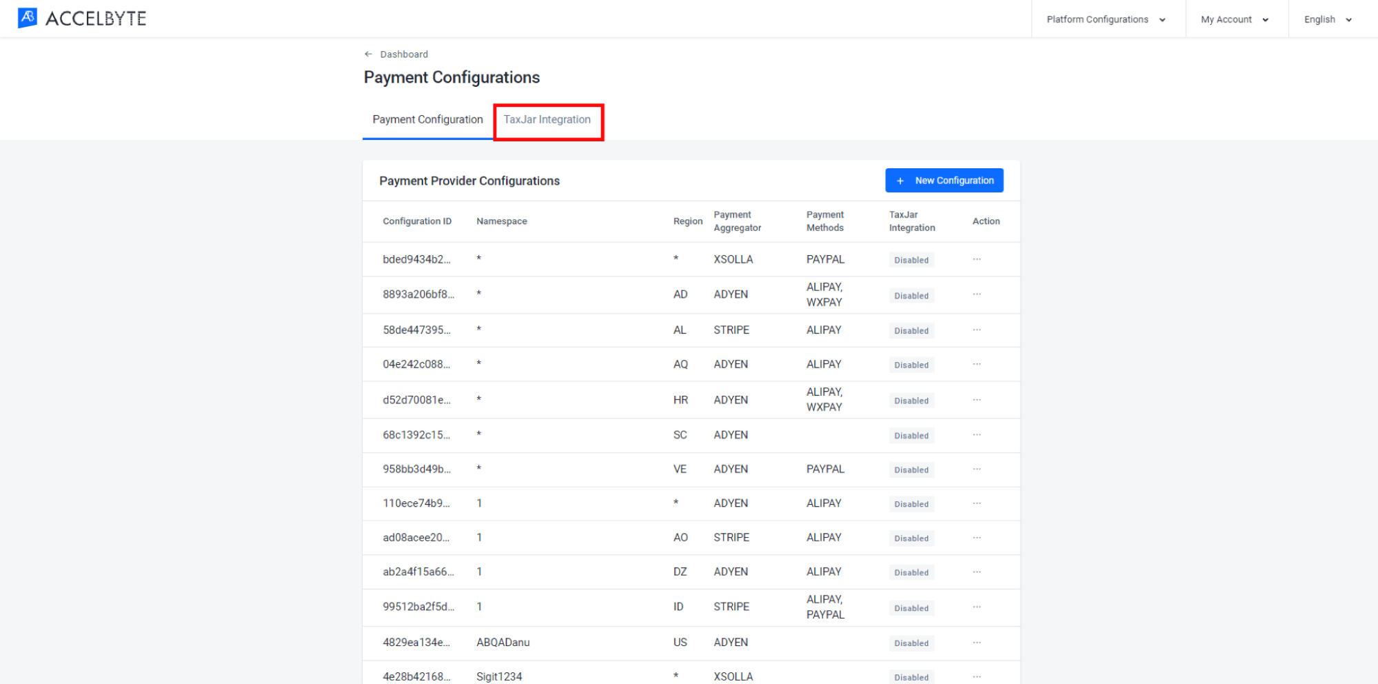 TaxJar integration tab on payment configuration page