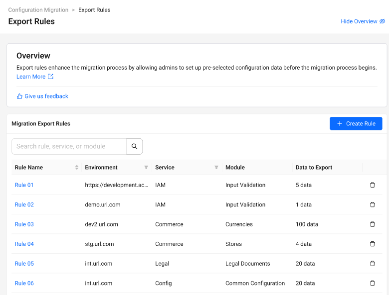 Migration Export Rules list