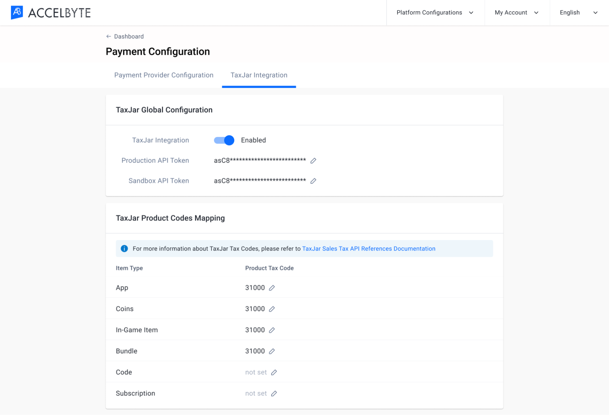 payment configuration TaxJar code mapping