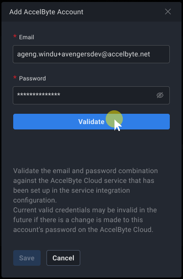 Add AccelByte account pop-up showing validate button