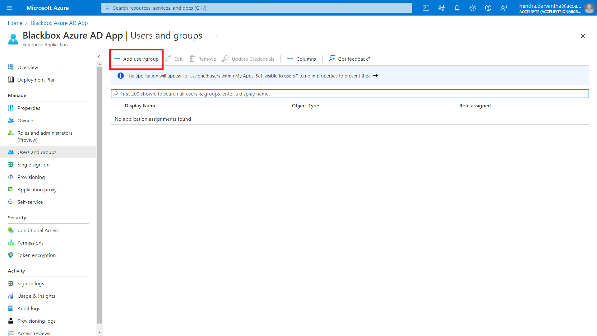 Azure AD page with add user group highlighted