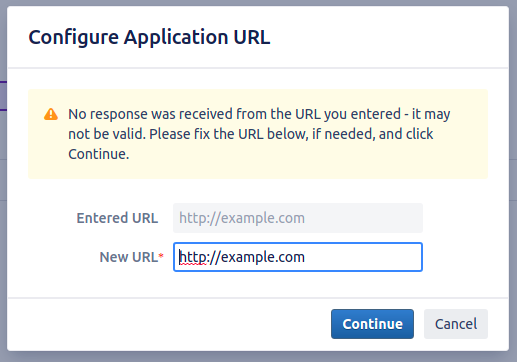 Configure Application URL pop-up