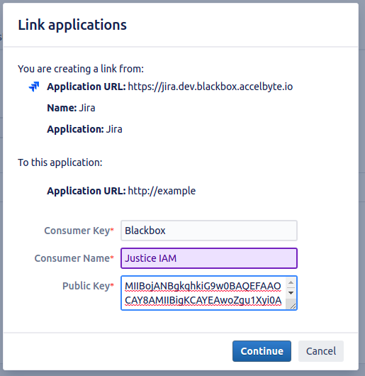 Link applications panel showing continue button