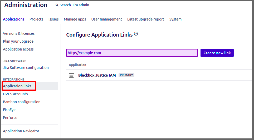 Application links in the Jira administration panel