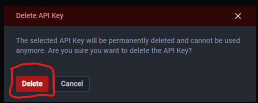 Delete API Key panel showing the delete key