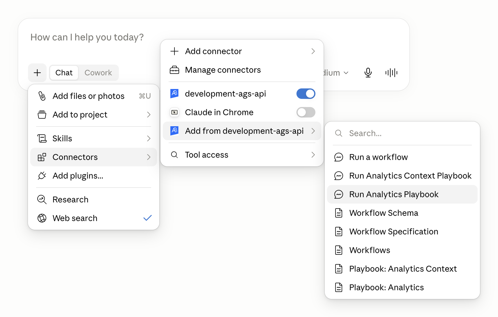 The Add from AGS connector menu in Claude Desktop listing the analytics playbooks, including Run Analytics Context Playbook