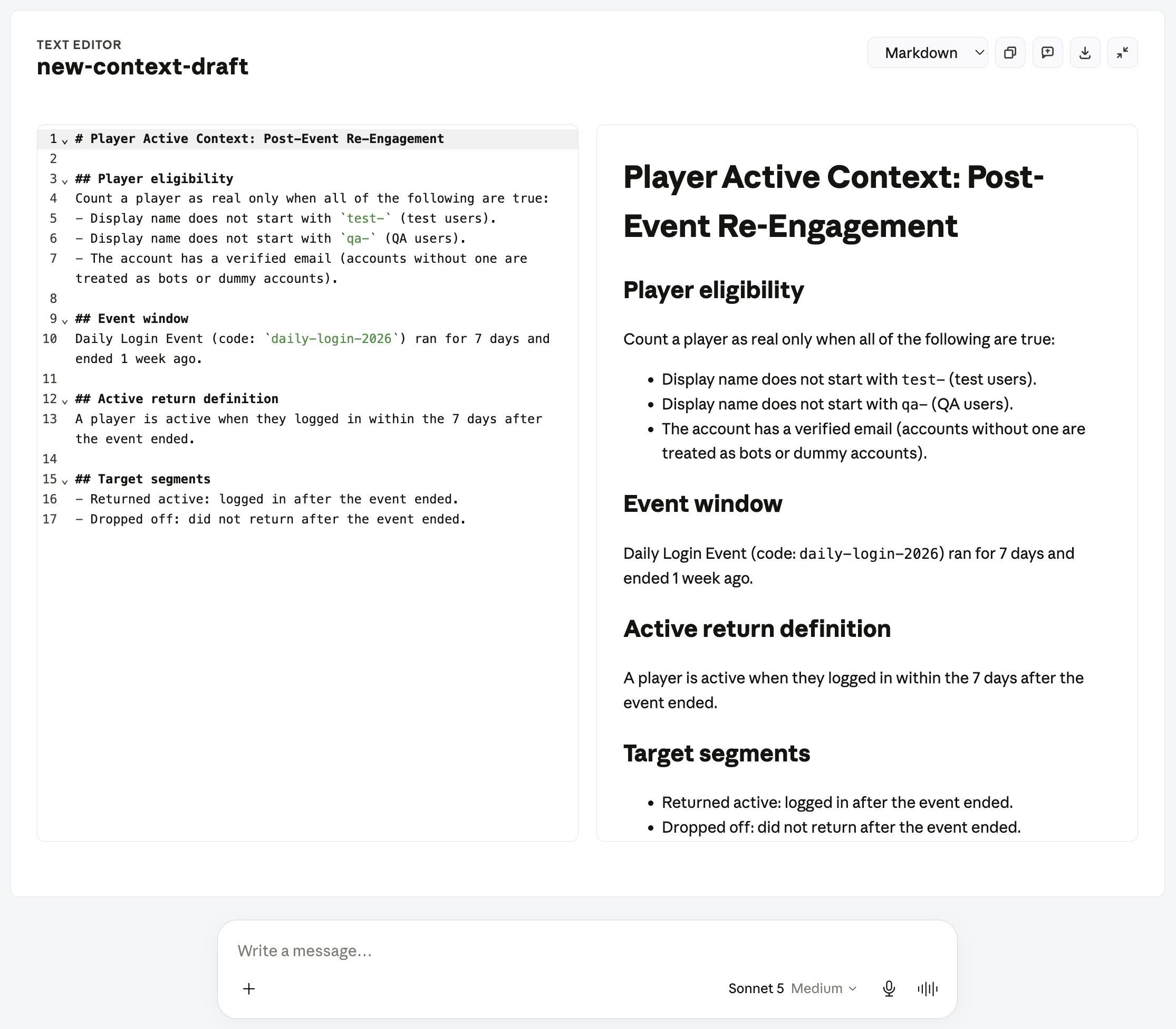 The Run Analytics Context Playbook editor in Claude Desktop showing a sample context document with player eligibility, event window, active return definition, and target segments sections