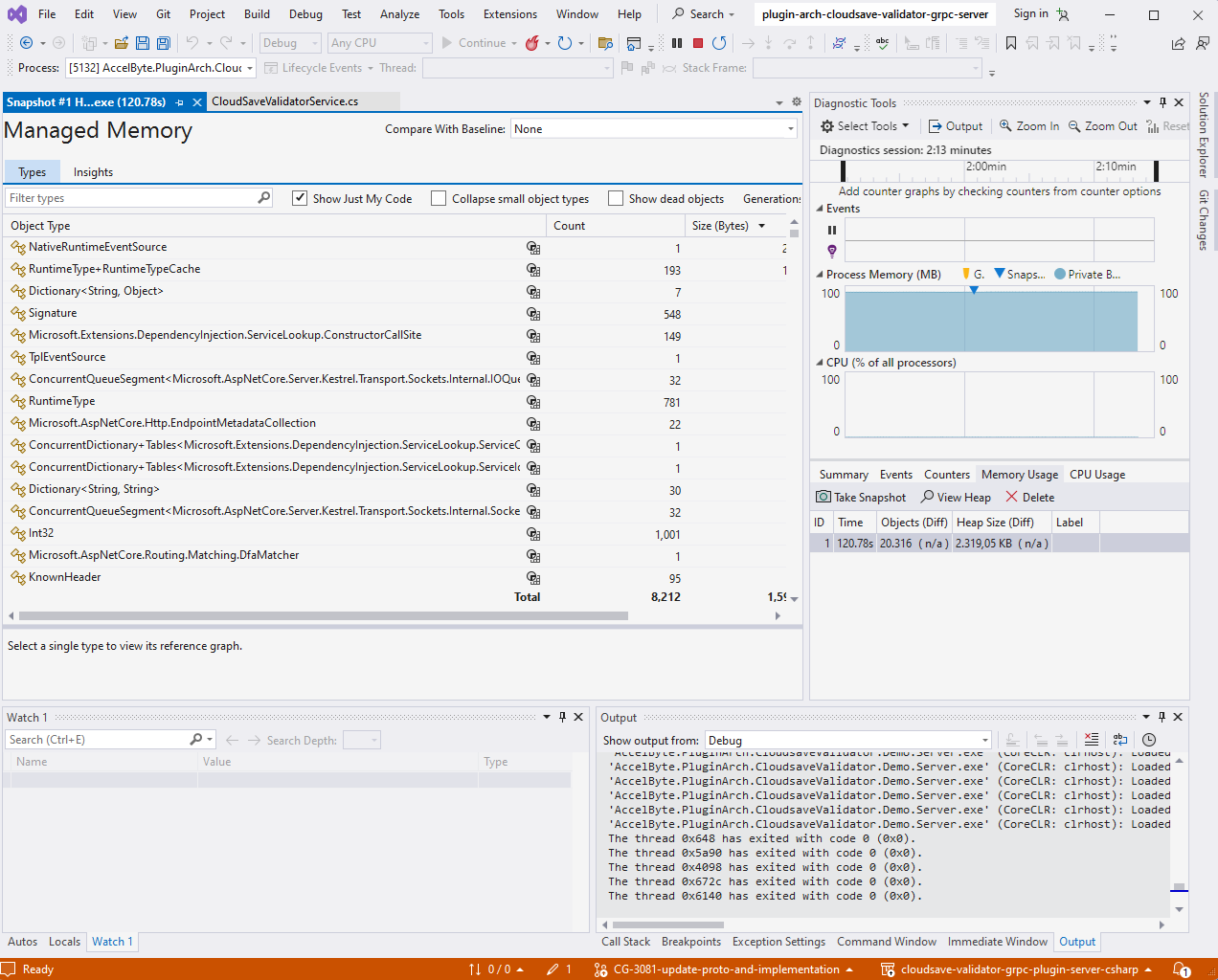 Image shows Visual Studio diagnostic tools