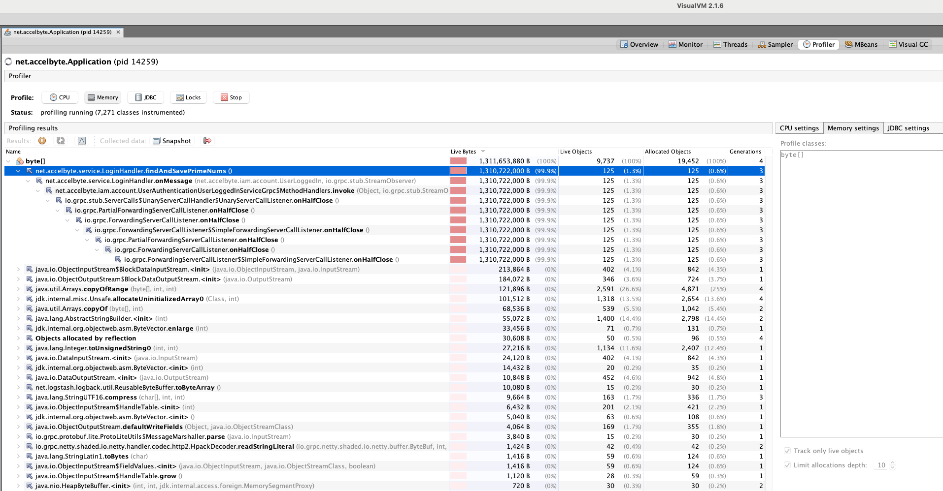 Image shows a profiler view on memory