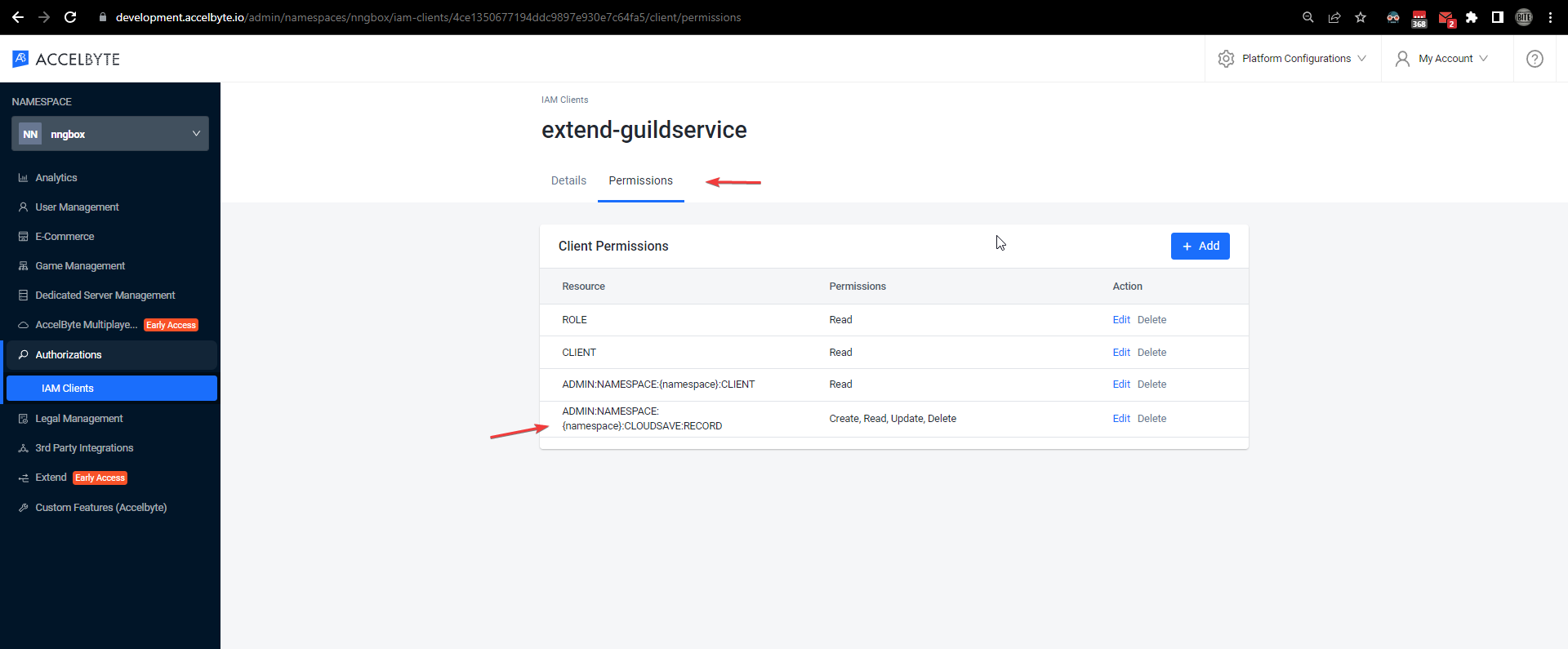 service extension client permission in AGS Admin Portal