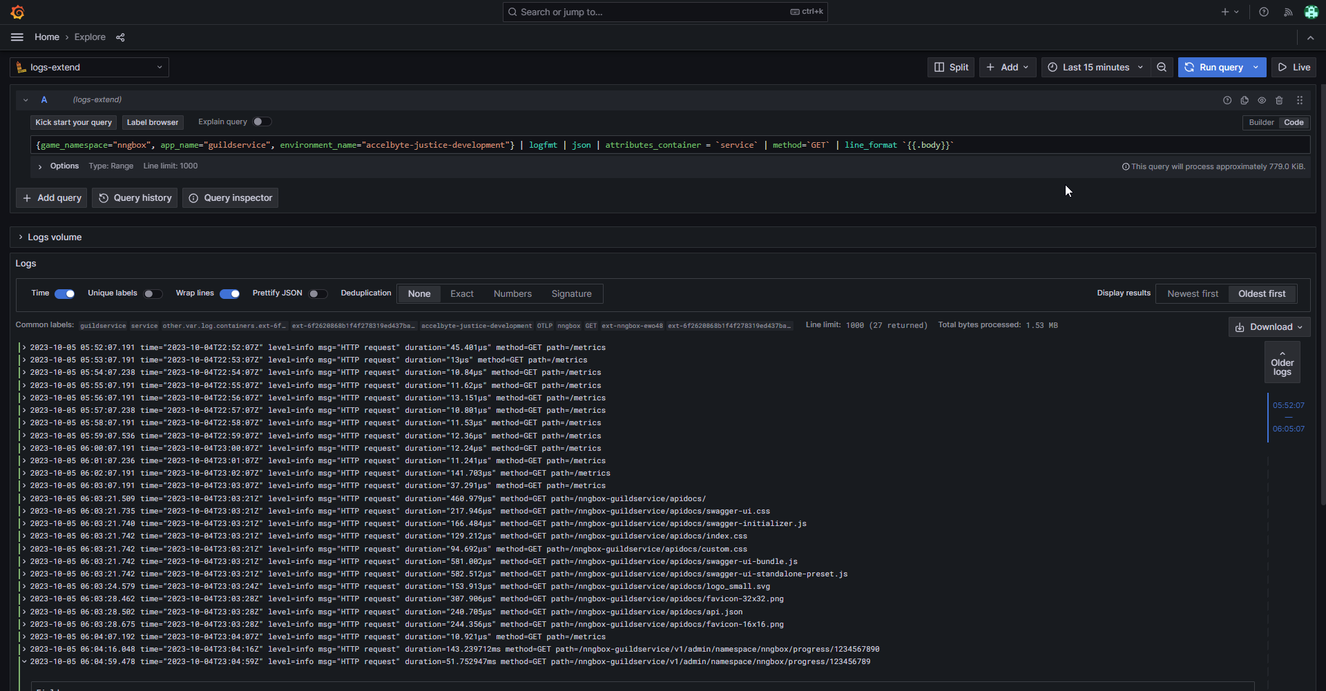 Service extension grafana endpoint call logs