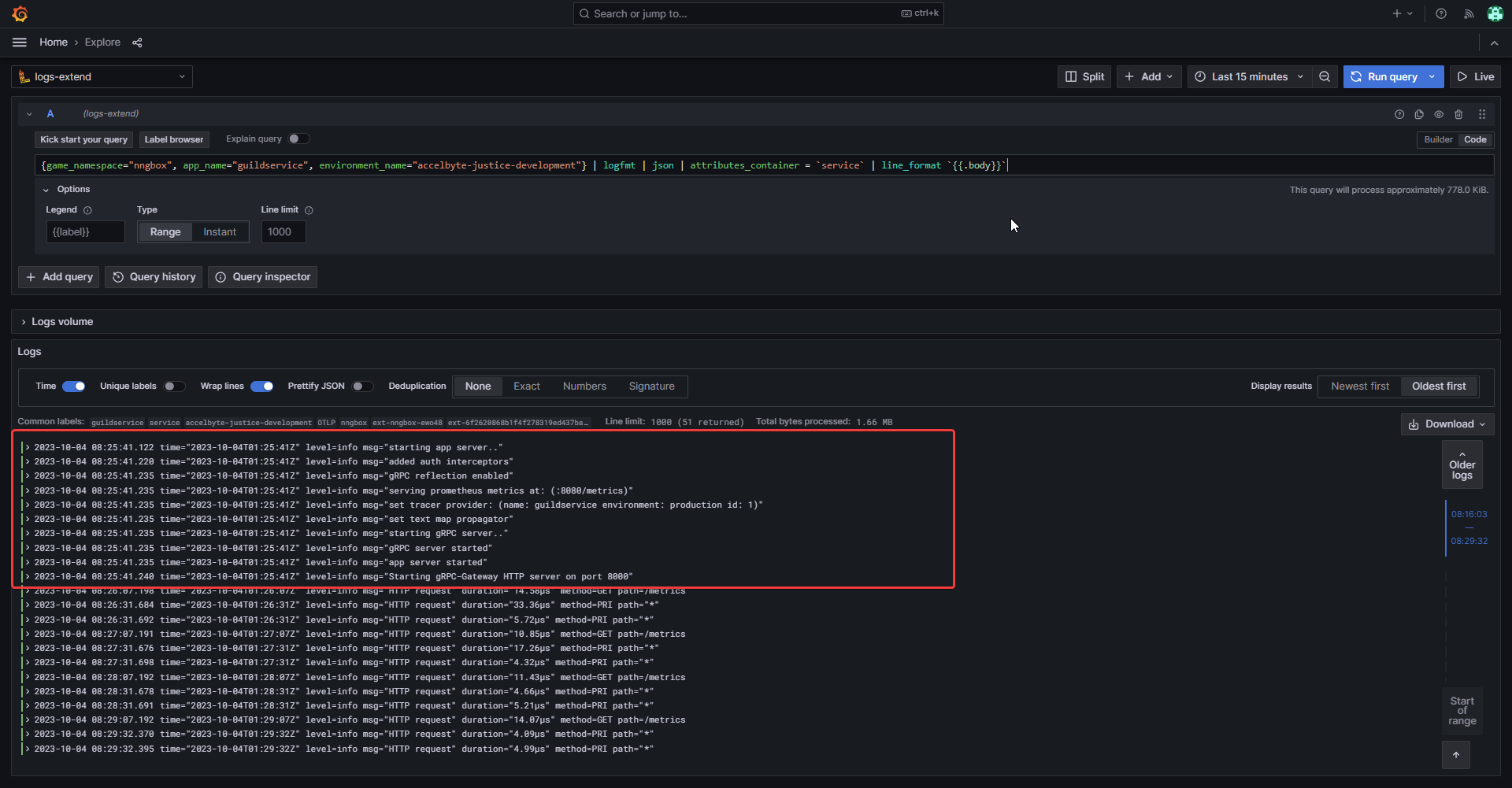 Service extension grafana startup logs