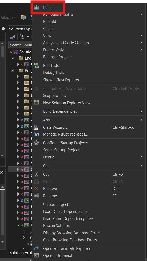 Visual Studio right-click context menu with Build highlighted