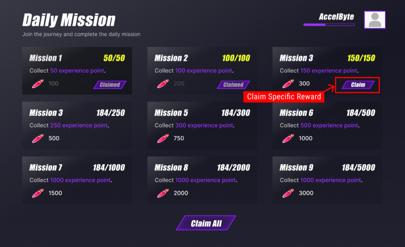 Example of Claim specific reward goal UI implementation