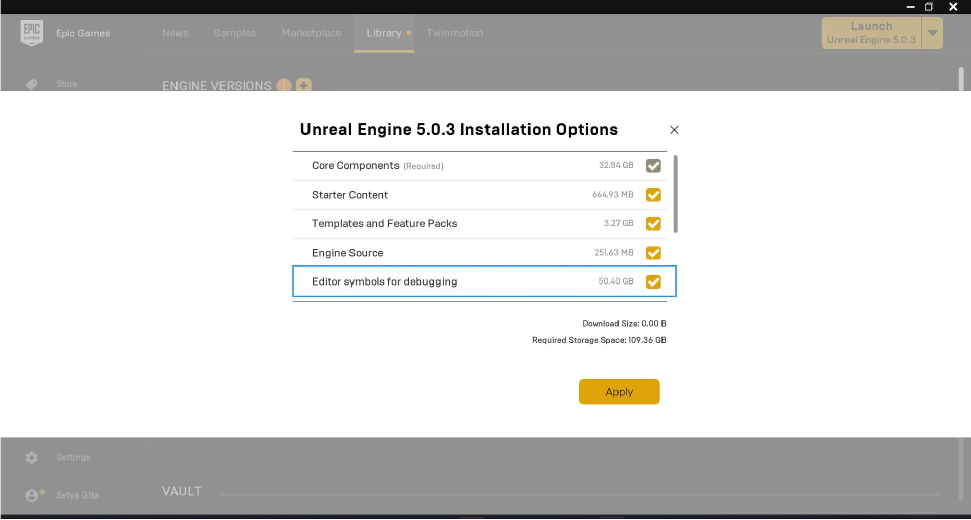 Unreal Engine 5.0.3 Installation Options.