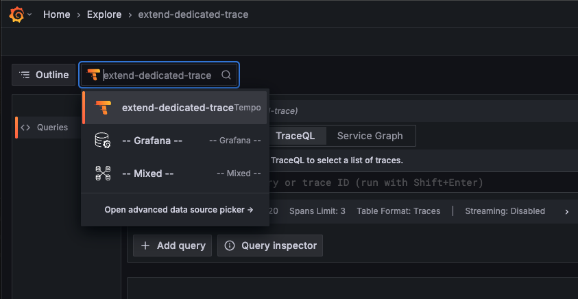 Grafana Cloud Explore menu
