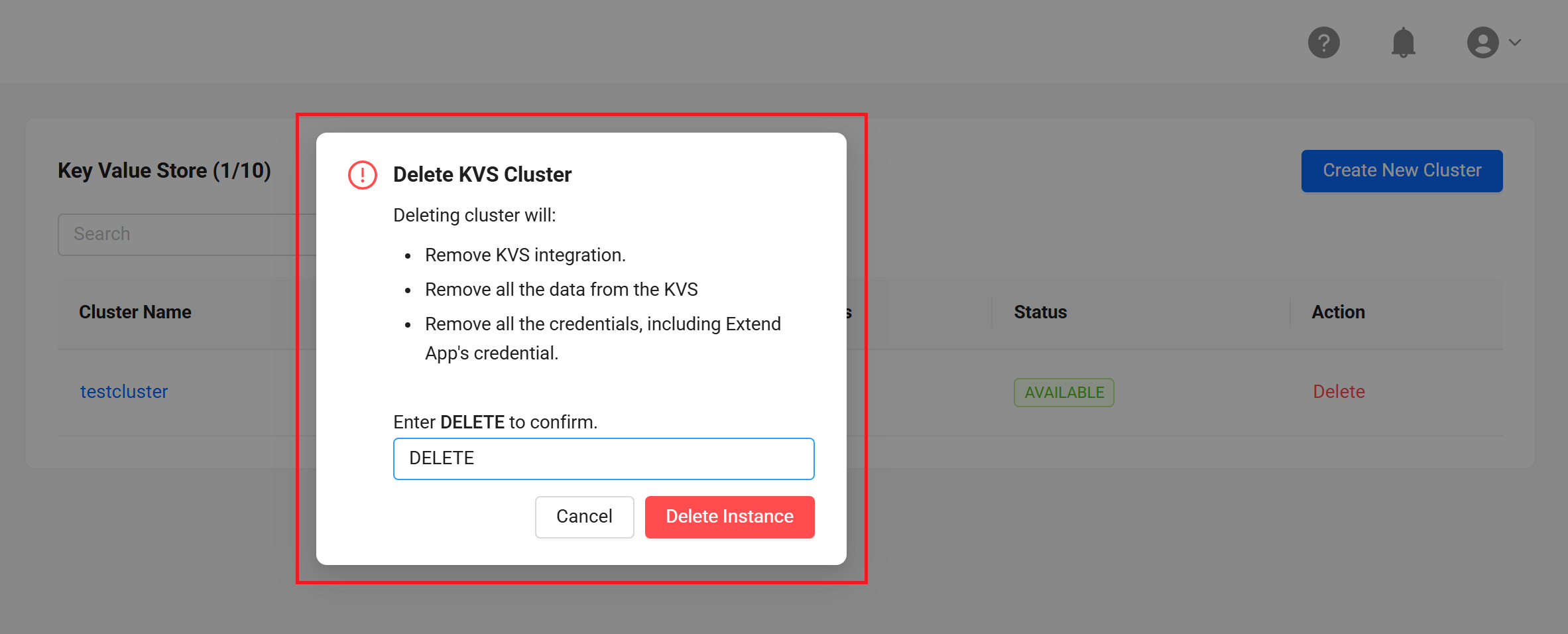 Key Value Store delete confirmation