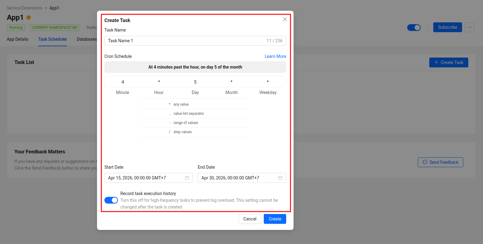 Create task modal