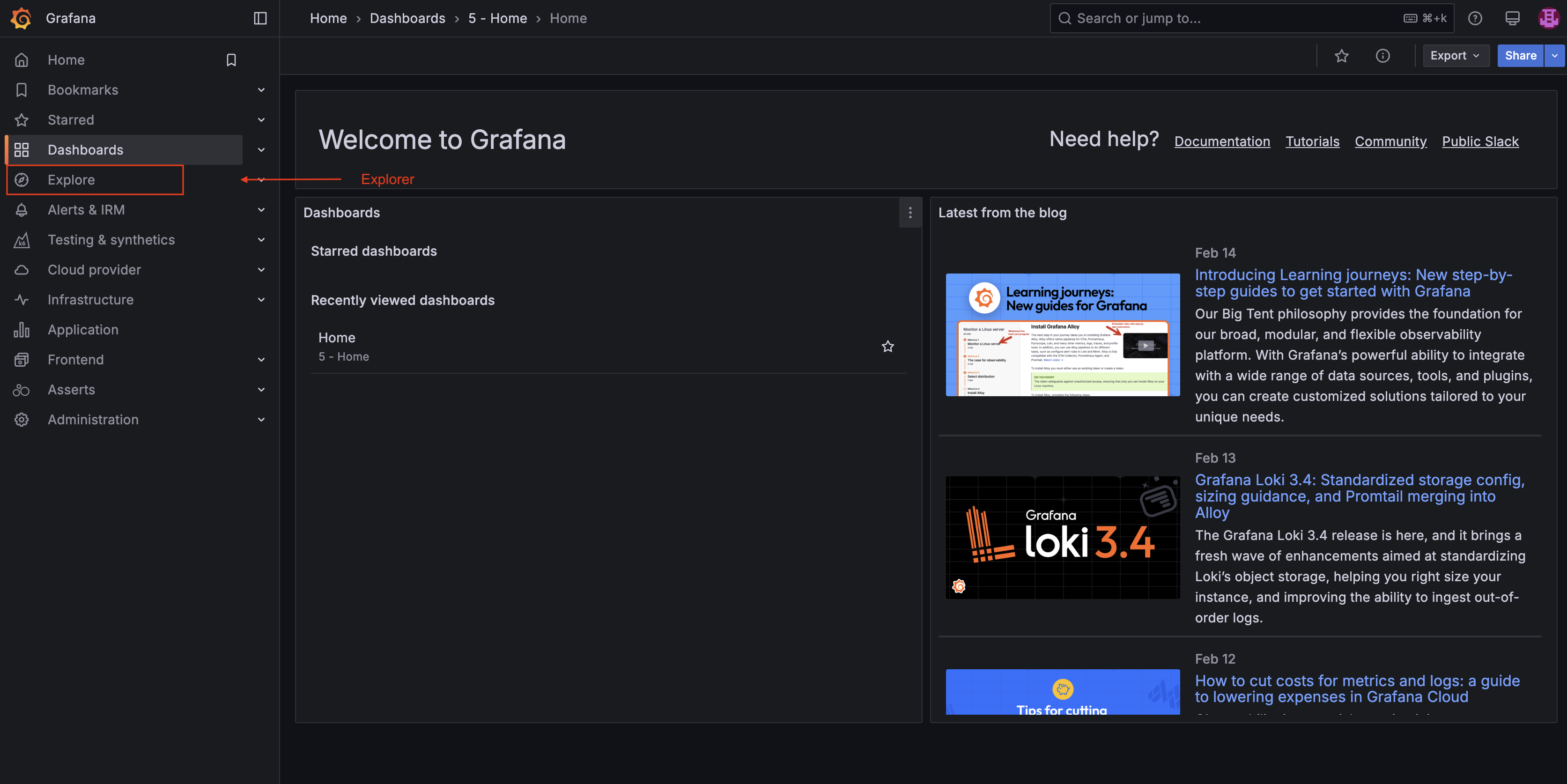 Grafana Cloud Explore menu