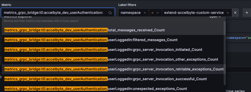 Image shows Grafana Cloud dropdown with AccelByte event_handler_metrics_highlighted