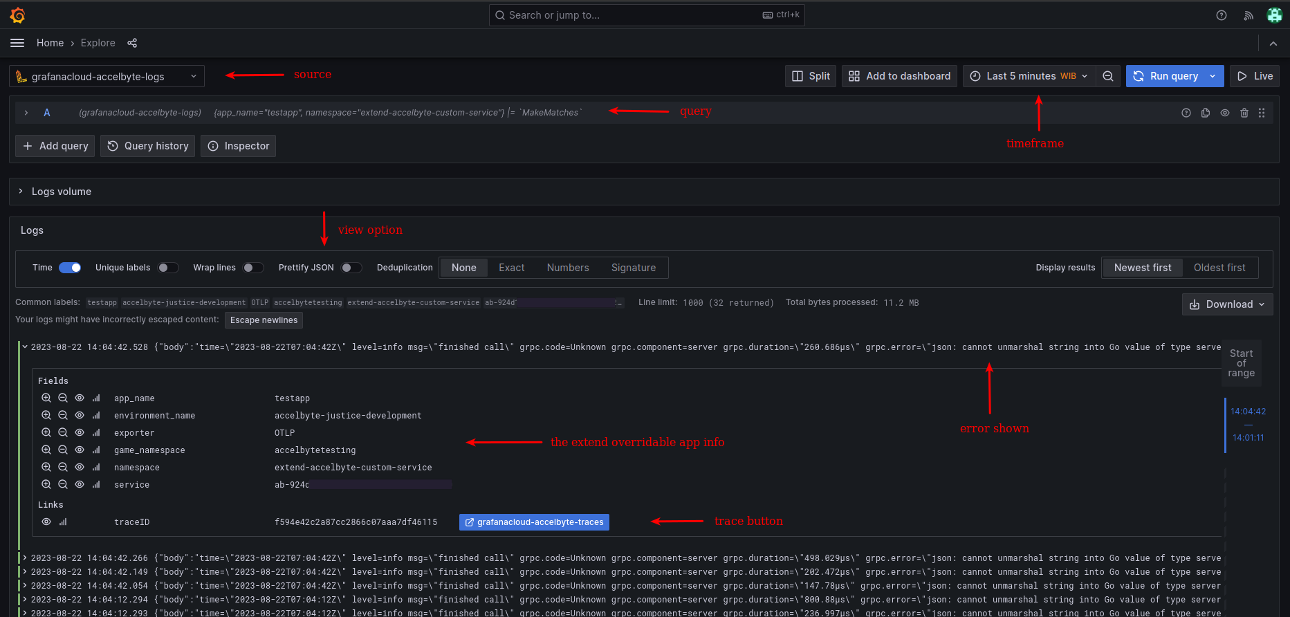 Image shows an annotated example debug from Grafana Cloud