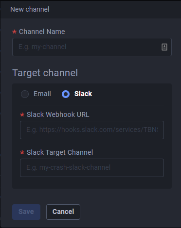 Enter Slack Webhook Url and Slack Target Channel details