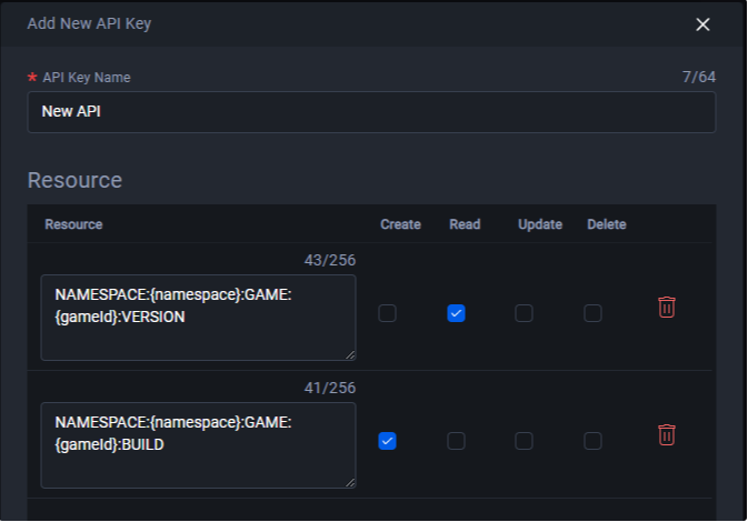 Add new API key panel showing the Resource section 