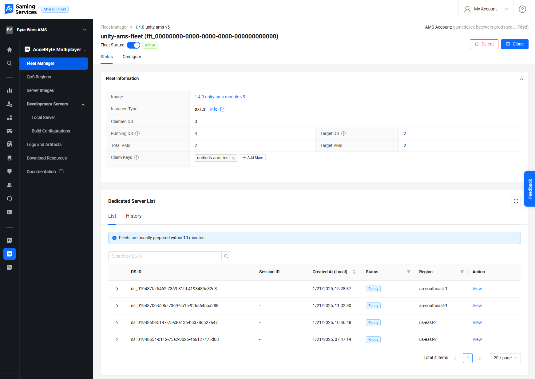 AMS server demo Unity Byte Wars Client integration