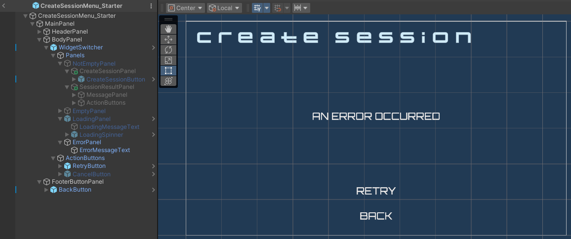 CreateSessionMenu_Starter error state preview image Unity Byte Wars session essentials