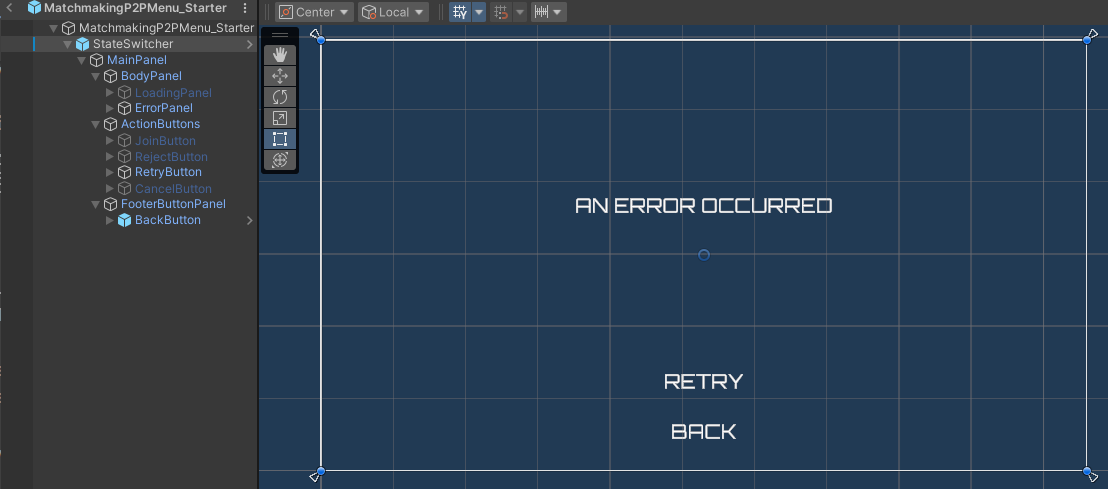 Matchmaking P2P menu error state preview Unity Byte Wars quick match peer-to-peer