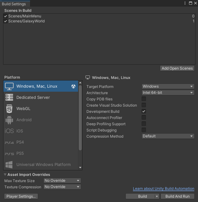 Windows build settings Unity Byte Wars initial setup