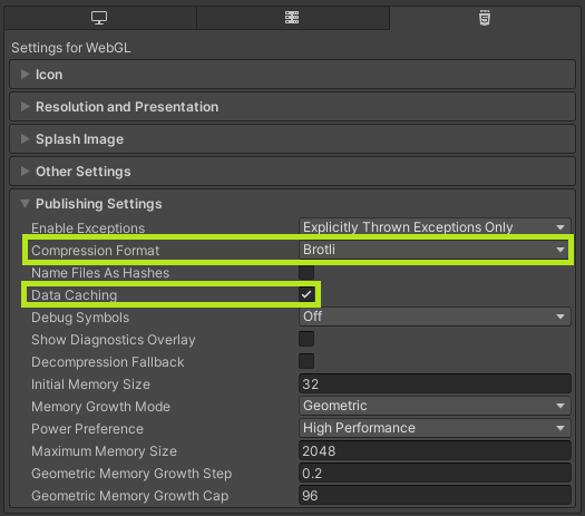 WebGL publishing settings Unity Byte Wars initial setup