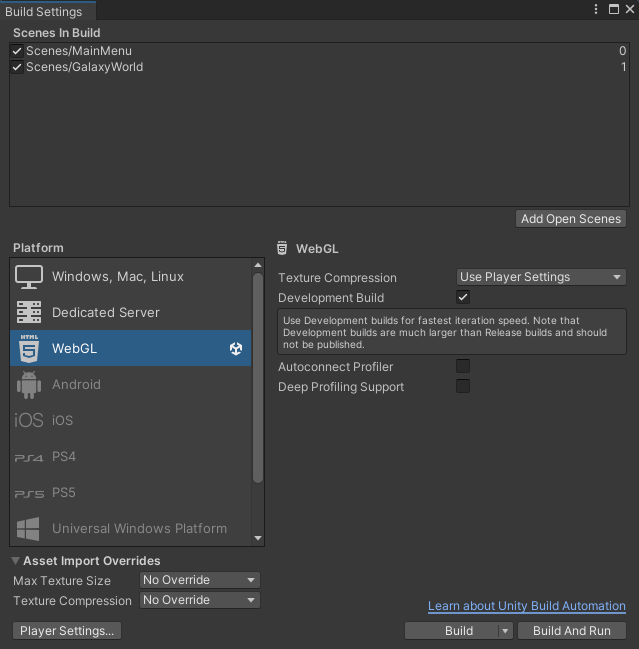 WebGL build settings Unity Byte Wars initial setup