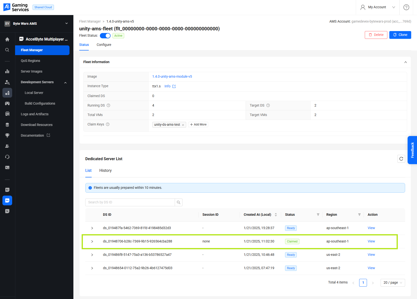 Claimed server Unity Byte Wars End-to-end testing