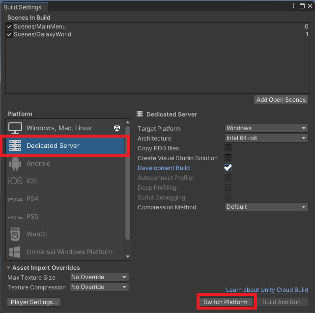Unity Build Settings for Windows Dedicated Server Unity Byte Wars dedicated servers with AMS