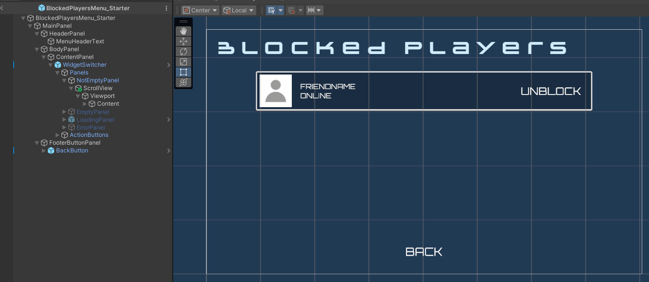 Blocked Player Menu Unity Byte Wars manage friends