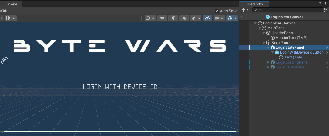 Login State Panel Preview Unity Byte Wars device ID