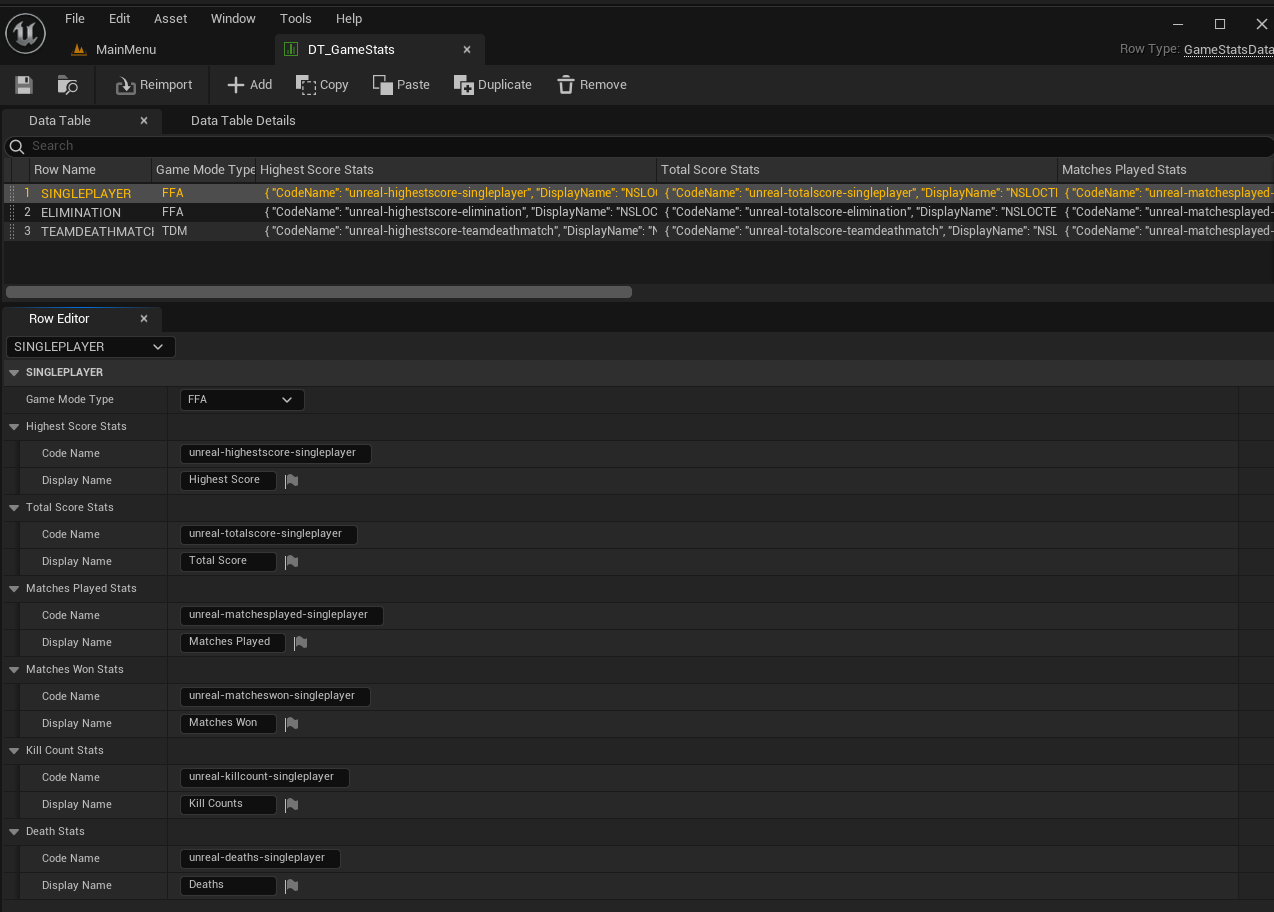 Preview of statistics codes data table Unreal Byte Wars stats