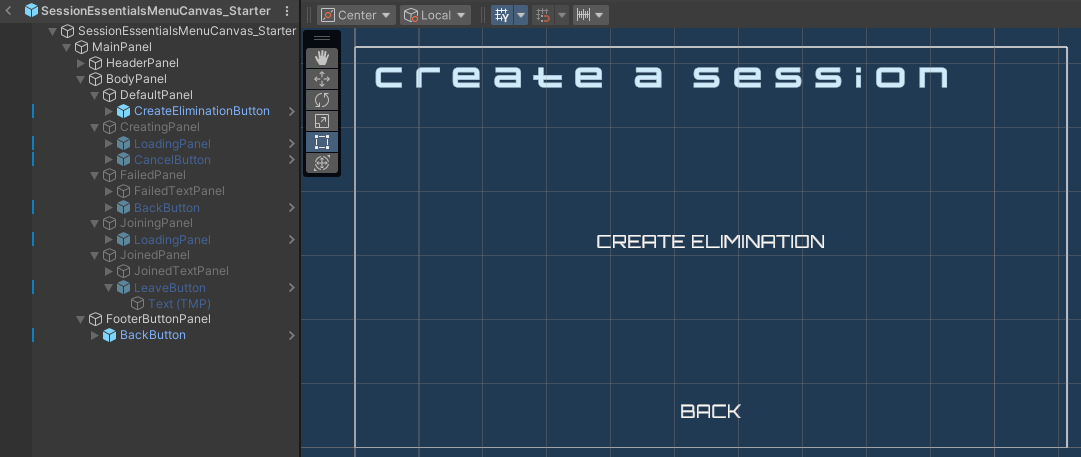 Image of the default state of the QuickPlayMenuCanvas_Starter prefab in the Unity prefab viewer Unity Byte Wars introduction to session