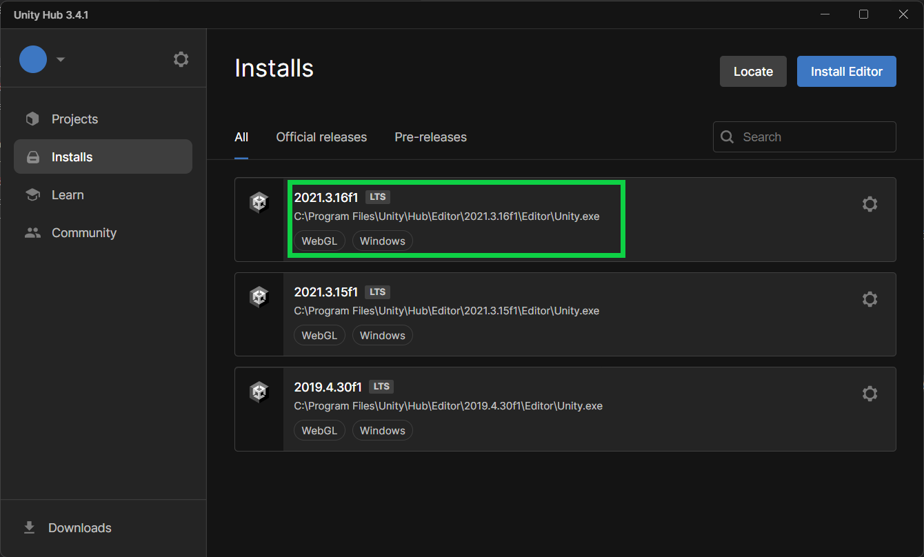 image shows the Installs page in Unity Hub with Unity version 2021.3.16f1 installed Unity Byte Wars initial setup