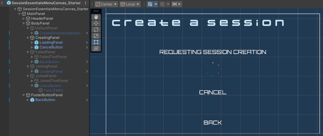 Image of the creating state of the QuickPlayMenuCanvas_Starter prefab in the Unity prefab viewer Unity Byte Wars introduction to session